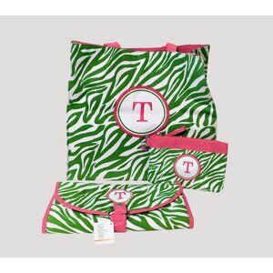 Zebra Print Tote Travel Cosmetic Case Wristlet Set Monogram T Green Pink Canvas